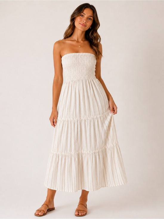 Lusana Dresses & Skirts - Lusana Strapless Smocked Midi Dress Striped Cream and White